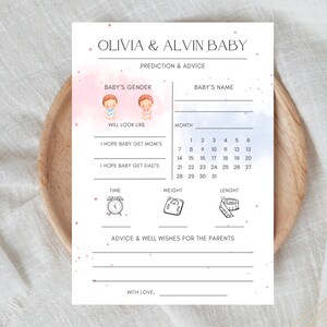 Modèle de carte imprimable prédictions et conseils pour bébé Carte de jeu de prédictions de bébé minimaliste Modèle de carte de prédiction de sexe modifiable pour baby shower