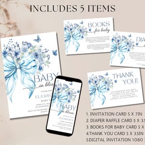 May include: Blue and white baby shower invitation set with watercolor floral designs and a blue bow. Includes 5 items: invitation, diaper raffle card, books for baby card, thank you card, and digital invitation.