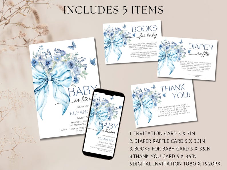 May include: Blue and white baby shower invitation set with watercolor floral designs and a blue bow. Includes 5 items: invitation, diaper raffle card, books for baby card, thank you card, and digital invitation.