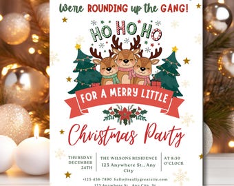Cute Reindeer Christmas Party invitation Rounding up the Gang Editable Christmas Party Invitation Printable Holiday Rudolph themed Invite