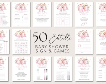 May include: A set of 50 editable baby shower signs and games. The cards have a pink floral design and include games like "Baby Bingo" and "Pacifier Hunt". The text on the cards is in a decorative font.