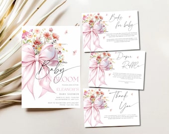 Baby in Bloom Invitation: Pink Bow, Spring Wildflower (Canva Template, Digital Download)