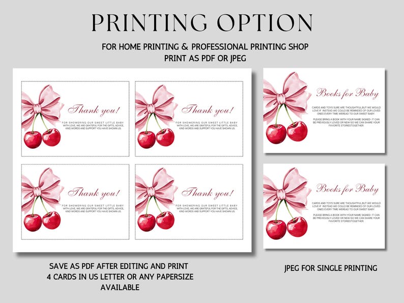 May include: Printable baby shower thank you cards with a pink bow and two red cherries. The text on the cards reads "Thank you!" and "Books for Baby".