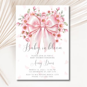 Pink Baby in Bloom Invitation Pink Bow Baby Shower Invitation Spring Wildflower Baby Shower Coquette Baby Shower Girl Baby Shower Invitation