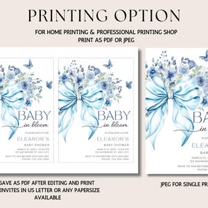 May include: Two printable baby shower invitations with a blue bow and watercolor flowers. The text reads "Baby in Bloom" and "Eleanor's Baby Shower".