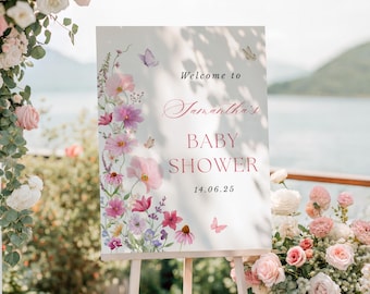 Floral Baby Shower Welcome Sign Editable Welcome Poster Template Elegant Wildflower Baby Shower Decor, Spring Garden Shower Decor
