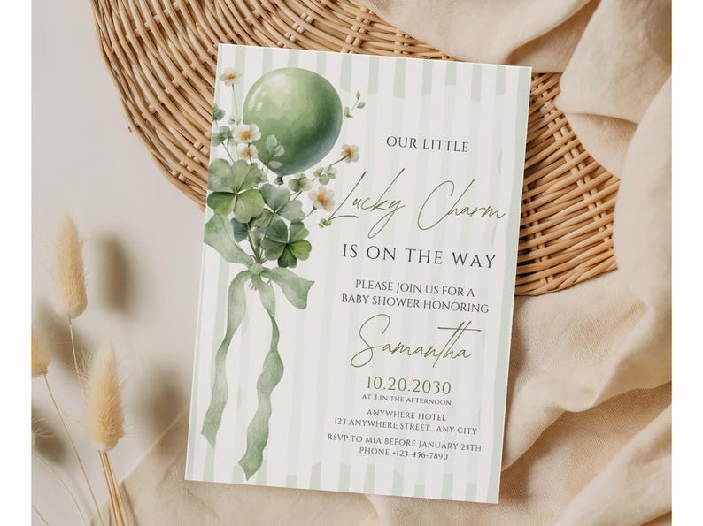 May include: Baby shower invitation with a green balloon, shamrocks, and the text "Our Little Lucky Charm Is On The Way." The invitation is decorated with a watercolor style and includes the name Samantha and event details.