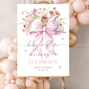 Baby in Bloom Willkommensschild Babyparty Editierbare Babyparty Willkommen Poster Mädchen Babyparty Rosa Schleife Babyparty Willkommensschild Vorlage