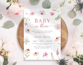 Inbjudan till babyshower med rosa blommor: Redigerbart vildblomstertema (digital nedladdning, 5x7" Canvas-mall)