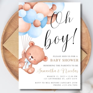 Modello modificabile per invito baby shower per bambini, non vediamo l'ora di invitare al baby shower Invito baby shower per bambini blu Boho Bear Balloon