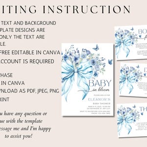 May include: A set of four printable baby shower cards with a blue and white watercolor floral design. The cards include a baby shower invitation, a diaper raffle card, a books for baby card, and a thank you card. The text on the cards reads "Baby in Bloom", "Eleanor's Baby Shower", "March 15, 2023", "123 Anywhere St, Any City", "RSVP to Mia before 25th January", "Books for Baby", "Diaper Raffle", and "Thank You!"
