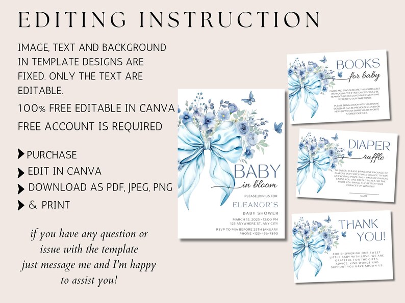May include: A set of four printable baby shower cards with a blue and white watercolor floral design. The cards include a baby shower invitation, a diaper raffle card, a books for baby card, and a thank you card. The text on the cards reads "Baby in Bloom", "Eleanor's Baby Shower", "March 15, 2023", "123 Anywhere St, Any City", "RSVP to Mia before 25th January", "Books for Baby", "Diaper Raffle", and "Thank You!"