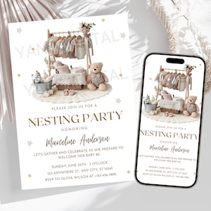 May include: A white invitation with gold stars and text that reads "Please join us for a Nesting Party honoring Marceline Anderson. Let's gather and celebrate as she prepares to welcome her baby #2. Sunday, June 25th, 3 o'clock, 123 Anywhere St, Any City, ST 12345. RSVP to Olivia Wilson at 123-456-7890". The invitation features a digital illustration of a wooden clothes rack with baby clothes, a basket, a bucket, and a teddy bear.