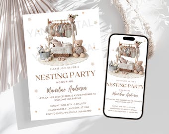 May include: A white invitation with gold stars and text that reads "Please join us for a Nesting Party honoring Marceline Anderson. Let's gather and celebrate as she prepares to welcome her baby #2. Sunday, June 25th, 3 o'clock, 123 Anywhere St, Any City, ST 12345. RSVP to Olivia Wilson at 123-456-7890". The invitation features a digital illustration of a wooden clothes rack with baby clothes, a basket, a bucket, and a teddy bear.