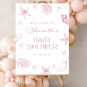Placa de boas-vindas para chá de bebê na praia, pôster editável de boas-vindas para chá de bebê, chá de bebê para meninas, laço rosa, conchas do mar, modelo de placa de boas-vindas para chá de bebê