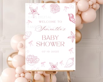 Beach Baby Shower Welcome Sign: Pink Seashell Theme (Editable Template)