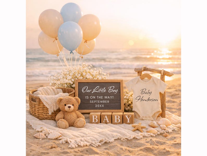 Editable Beach Pregnancy Announcement Template, Social Media Coastal — free download