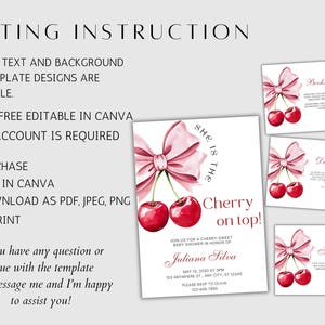 May include: Printable baby shower invitation set with a pink bow and cherries. The invitation says "She is the Cherry on Top!" and includes the text "Join us for a Cherry Sweet Baby Shower in honor of Juliana Silva".