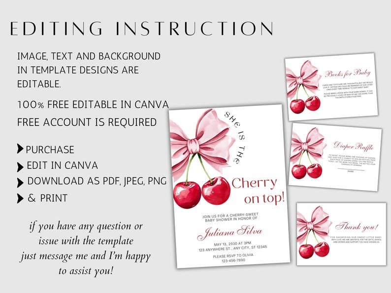 May include: Printable baby shower invitation set with a pink bow and cherries. The invitation says "She is the Cherry on Top!" and includes the text "Join us for a Cherry Sweet Baby Shower in honor of Juliana Silva".