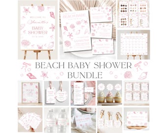 Pink Seashell Baby Shower Invitation Bundle Template Editable Coastal Beach Theme Girl Shower Invite Digital Download