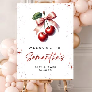 Cherry Baby Shower Welcome Sign: Pink Bow Poster (Digital Download)