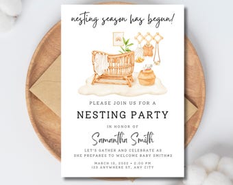 May include: A white card with a watercolor illustration of a crib and other baby items. The text on the card reads "Nesting Season Has Begun!" and "Please Join Us For A Nesting Party In Honor Of Samantha Smith Let's Gather And Celebrate As She Prepares To Welcome Baby Smith#2 March 13, 2022 2:00 PM 123 Anywhere St, Any City"