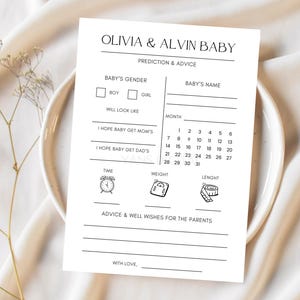 Modèle de carte imprimable prédictions et conseils pour baby shower Carte de jeu de prédictions de bébé minimaliste carte de prédiction de sexe modifiable pour baby shower