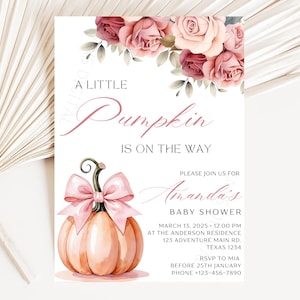 Editable Fall Pumpkin Baby Shower Invitation Pink Bow Pumpkin Baby Shower Sweet Little Pumpkin Baby Shower Autumn Pumpkin Theme Invite