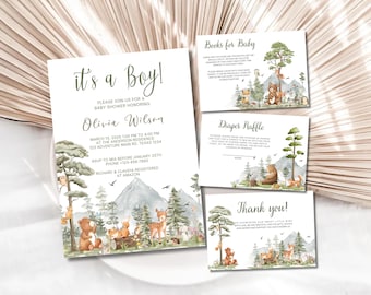 May include: Baby shower invitations and inserts with a woodland theme. The main invitation reads "it's a Boy!" and includes event details. Additional cards include "Books for Baby," "Diaper Raffle," and "Thank you!" with forest animal illustrations.