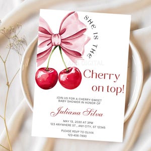 Cherry Baby Shower Invitation: Pink Bow Coquette Theme (PDF Template)