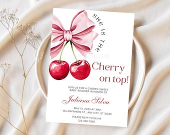 Cherry Baby Shower Invitation: Pink Bow Coquette Theme (PDF Template)