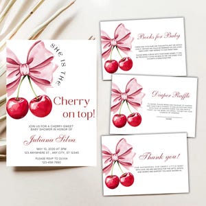 May include: A pink and white baby shower invitation with a cherry motif. The invitation reads "She is the Cherry on top!" and includes the text "Join us for a cherry-sweet baby shower in honor of Juliana Silva".