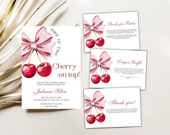 Cherry Baby Shower Invitation: Pink Bow Coquette Theme (Digital File)