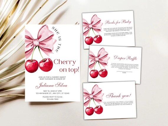 Cherry Baby Shower Invitation: Pink Bow Coquette Theme (Digital File)