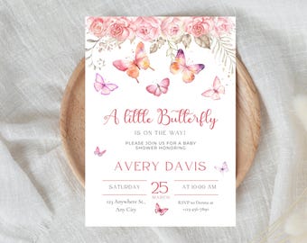 Invitación de baby shower con diseño de mariposas: tema floral rosa (descarga digital)