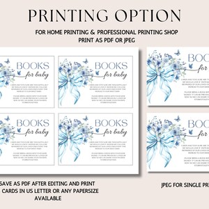 May include: Four printable cards with a blue and white watercolor floral design and the text "BOOKS for baby". The cards include instructions for guests to bring a book for the baby. The text also says "Please bring a book with your name inscribed. I can be pre-loved ones or new ones.  Can you share you favorite stories together?"