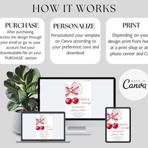 May include: A digital illustration of a cherry on top invitation template. The template is shown on a computer screen and a tablet. The text on the template says "Cherry on top!" and is in a pink and red color scheme. The text "Made in Canva" is also visible in the image.