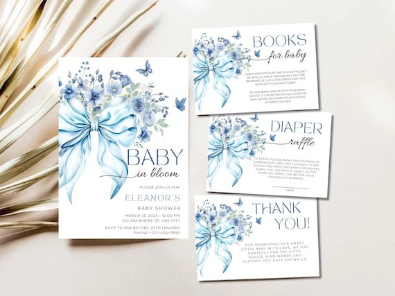 Blue Bow Baby Shower Invitation: Wildflower Theme (Digital File)