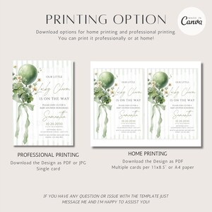May include: Baby shower invitation design with a green balloon, shamrocks, and ribbon. The text reads "Our Little Lucky Charm Is On The Way" and includes the name Samantha and the date 10.20.2030. Options for professional and home printing are shown.