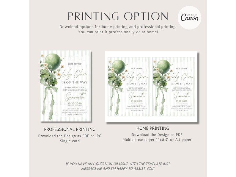 May include: Baby shower invitation design with a green balloon, shamrocks, and ribbon. The text reads "Our Little Lucky Charm Is On The Way" and includes the name Samantha and the date 10.20.2030. Options for professional and home printing are shown.