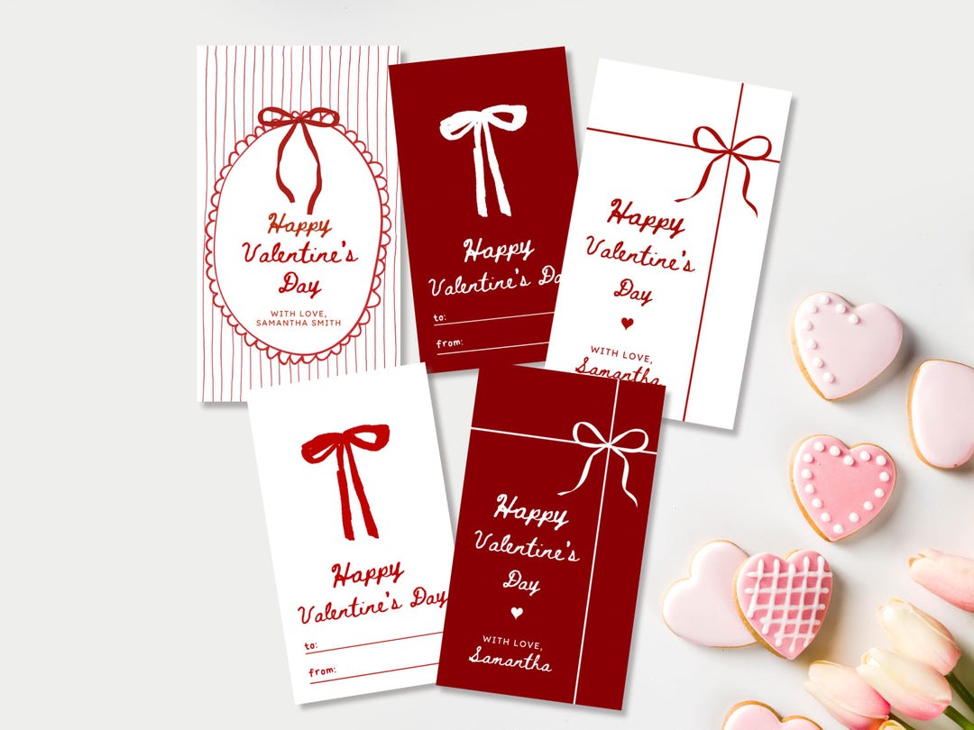 Red Bow Valentine Gift Tag Set of 5 Editable Happy Valentine’s Day ...