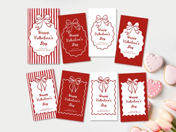 Red Bow Valentine Gift Tag Set of 8 Editable Happy Valentine’s Day Favor Tags