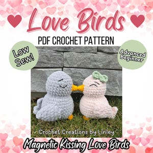 Op de afbeelding: Een haakpatroon voor "Love Birds" wordt getoond, met twee pluche vogels. Eén is grijs, de andere roze met een groene strik. De tekst "Love Birds" en "Magnetic Kissing Love Birds" zijn zichtbaar, samen met "PDF Crochet Pattern".