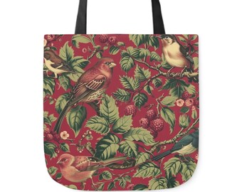 Sac fourre-tout vintage en toile Bird & Berry - Charmant sac shopping inspiré de la campagne, fourre-tout rouge rustique à imprimé oiseau