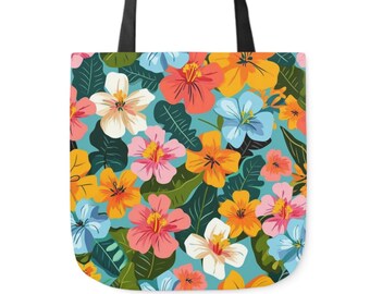 Tropical Bloom Canvas Tote Bag, Colorful Floral Eco-Friendly Shopping Bag