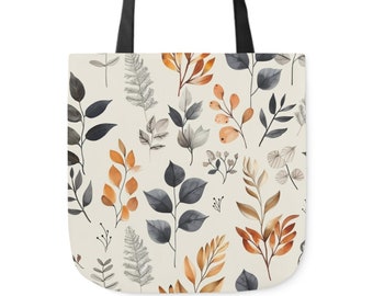 Autumn Foliage Canvas Tote Bag - Neutral Toned Leaf Print Shopper, Botanical Illustration Carryall