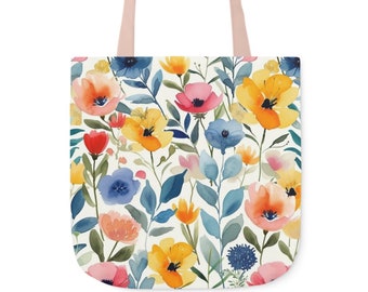 Spring Blossom Watercolor Canvas Tote Bag, Artistic Floral Shoulder Tote