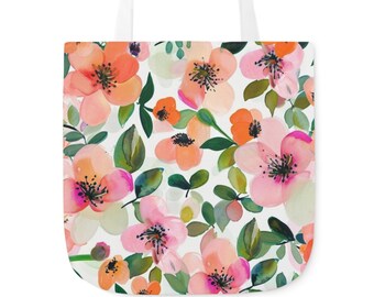 Chic Peach Blossom Eco Canvas Tote, Spring Watercolor Floral Shopper Bag