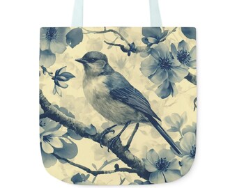 Elegant Floral Bird Canvas Tote Bag - Serene Nature Print Shopper, Vintage-Inspired Bird & Blossom Bag