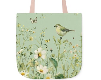 Spring Meadow Bird Tote Bag - Charming Floral and Bird Print Canvas Bag, Nature-Inspired Eco-Friendly Shopper